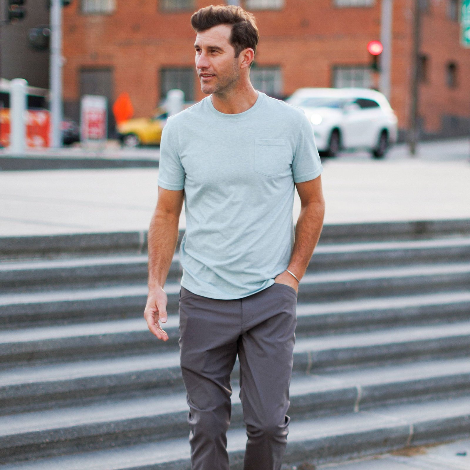 Everyday Tee with Pocket in Heather Gray Green - Image 2